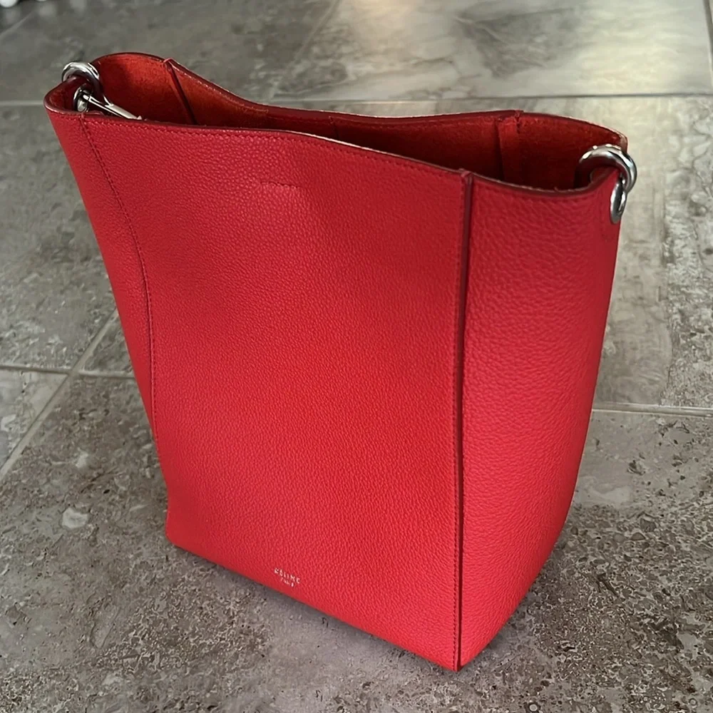 Celine Sangle Small Bucket Bag, Small Grain Calfskin, Red, Like New - Picture 15 of 15